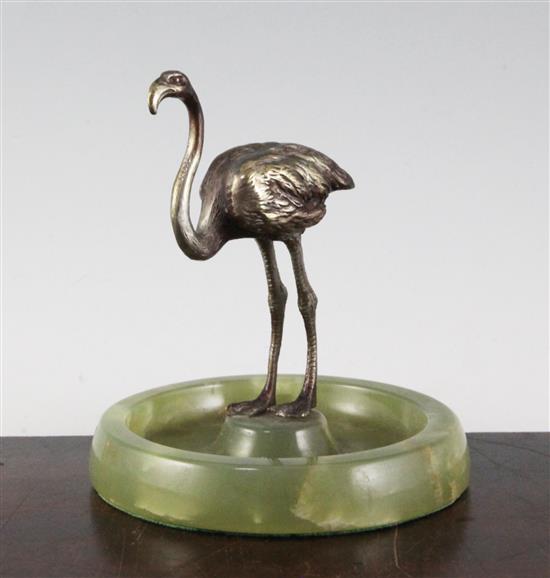 An early 20th century silvered bronze and green onyx ashtray, 6in.